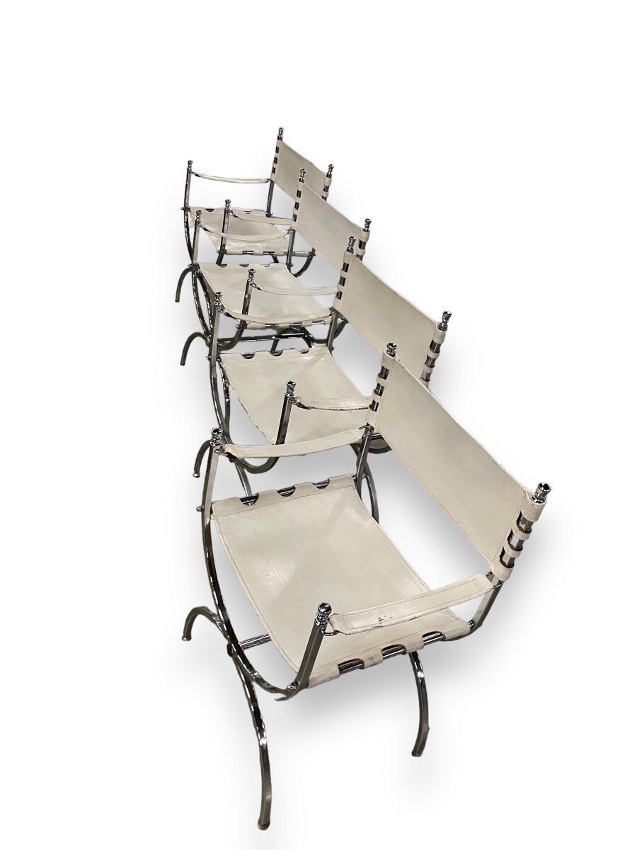Maison Jansen Set of 4 armchairs Emperor Savonarola White leather and chromed metal