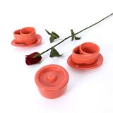 Set of Six Postmodern Vermilion Cups, Sugar Bowl and Plate by Parravicini