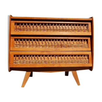 Wooden and rattan chest of drawers