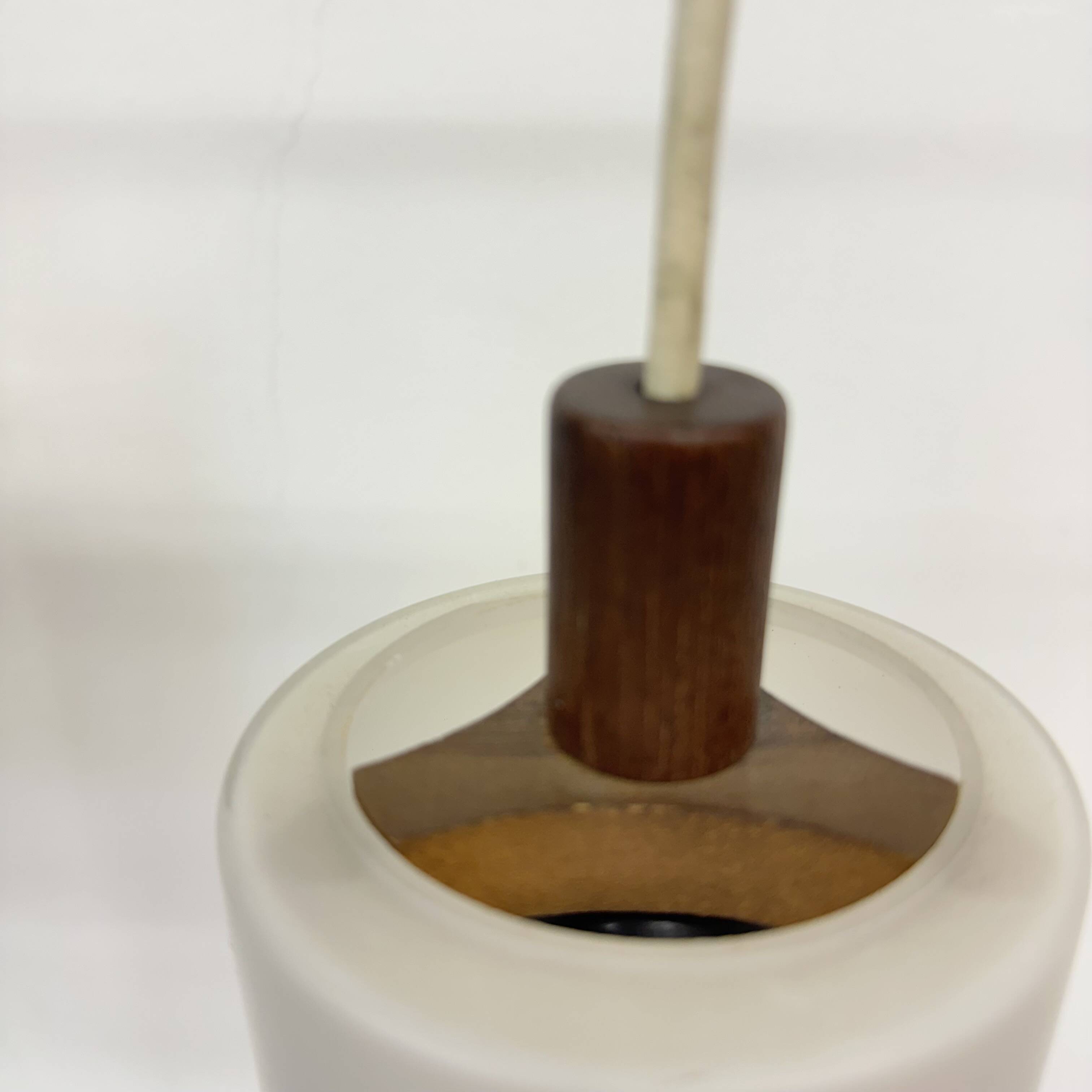 Mid-century design pendant lamp teak and opaline glass , 1970s