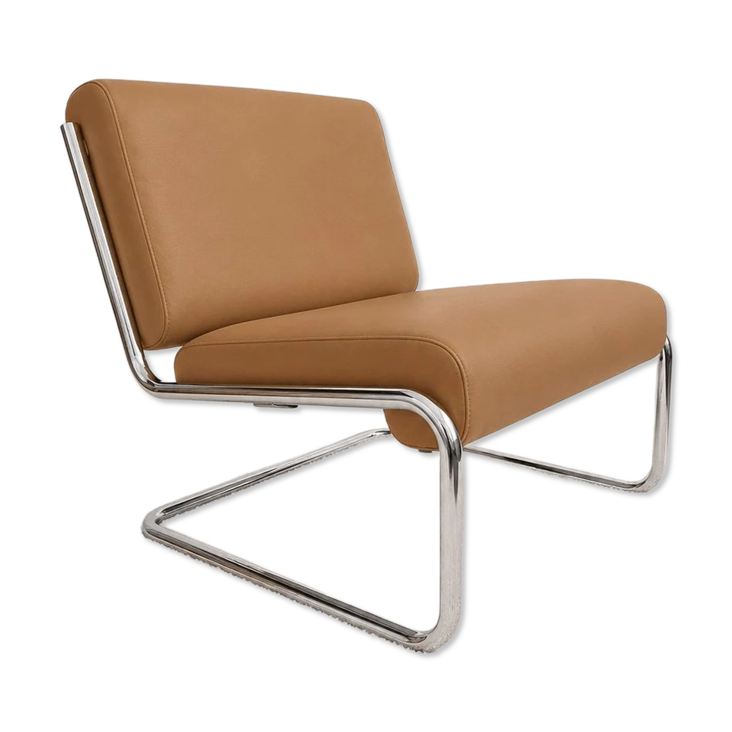 Vintage cantilever armchair. Brown faux leather upholstery. 60s