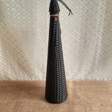 Glass bottle covered with black scoubidou with twisted golden handle - vintage