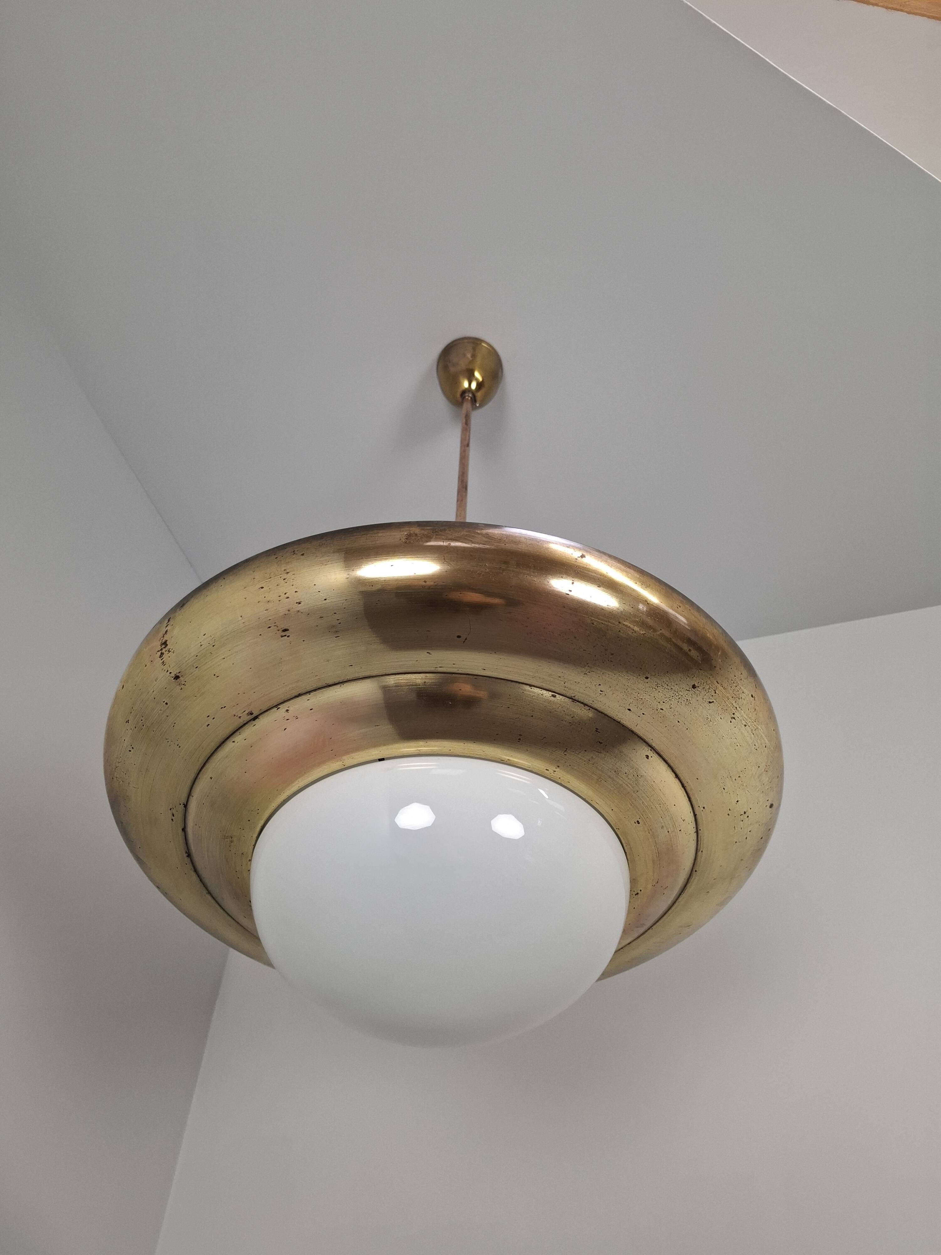 1920 Czechoslovak Art Deco Brass and Opaline Glass Pendant Lamp, Napako 134