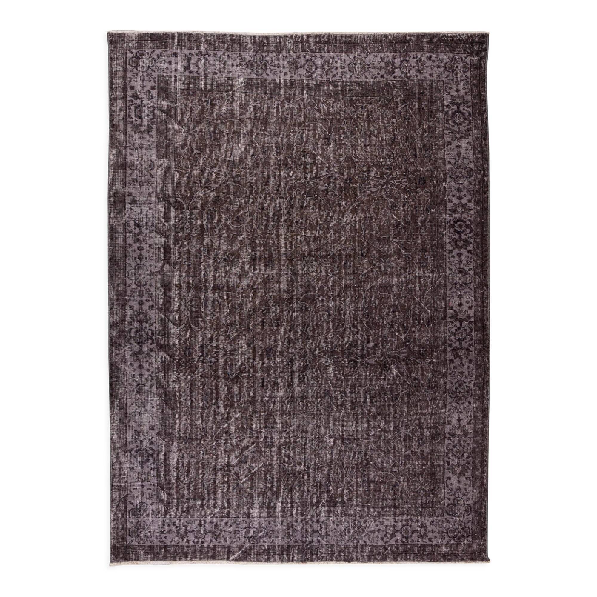 Floral pattern turkish handmade vintage wool area rug over-dyed in brown 195 x 268 cm