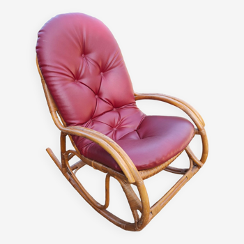 Rattan rocking chair, leather seat