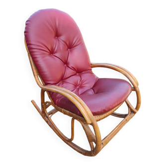 Rattan rocking chair, leather seat