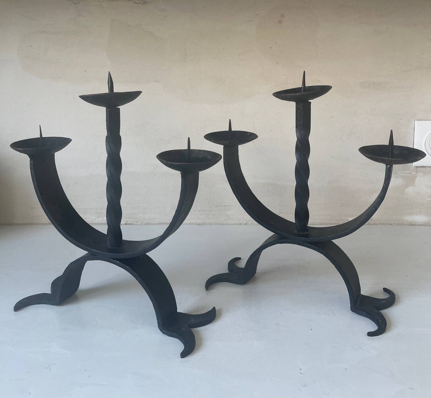 Pair of brutalist wrought iron candlesticks from the 1950s