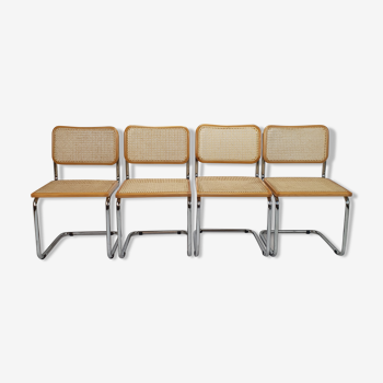 Set of 4 tubular frame and cane cantilever dining chairs Breuer, Italy, 1970s