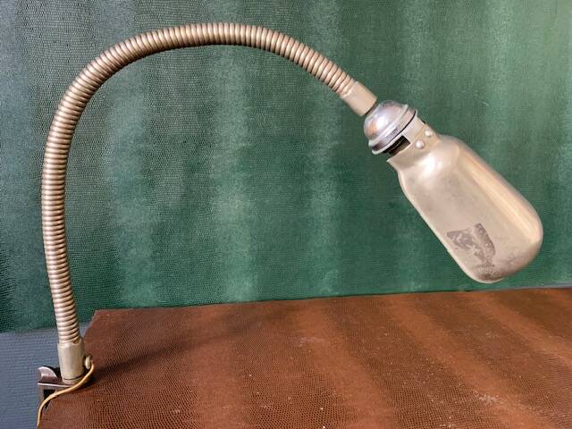 Old workshop lamp, silver metal, flexible, 1950