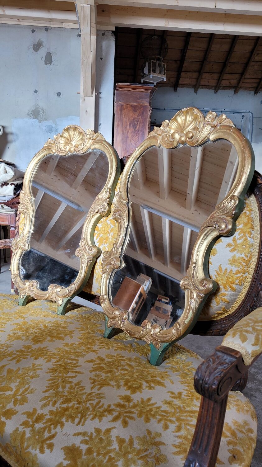 Pair of mirrors style louis xv rocaille in gilded wood carved 1900