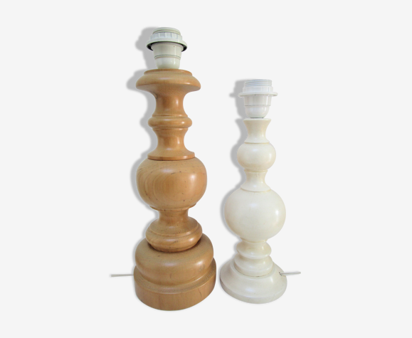 Deux pieds de lampe bois massif tourné patiné vintage années 70
