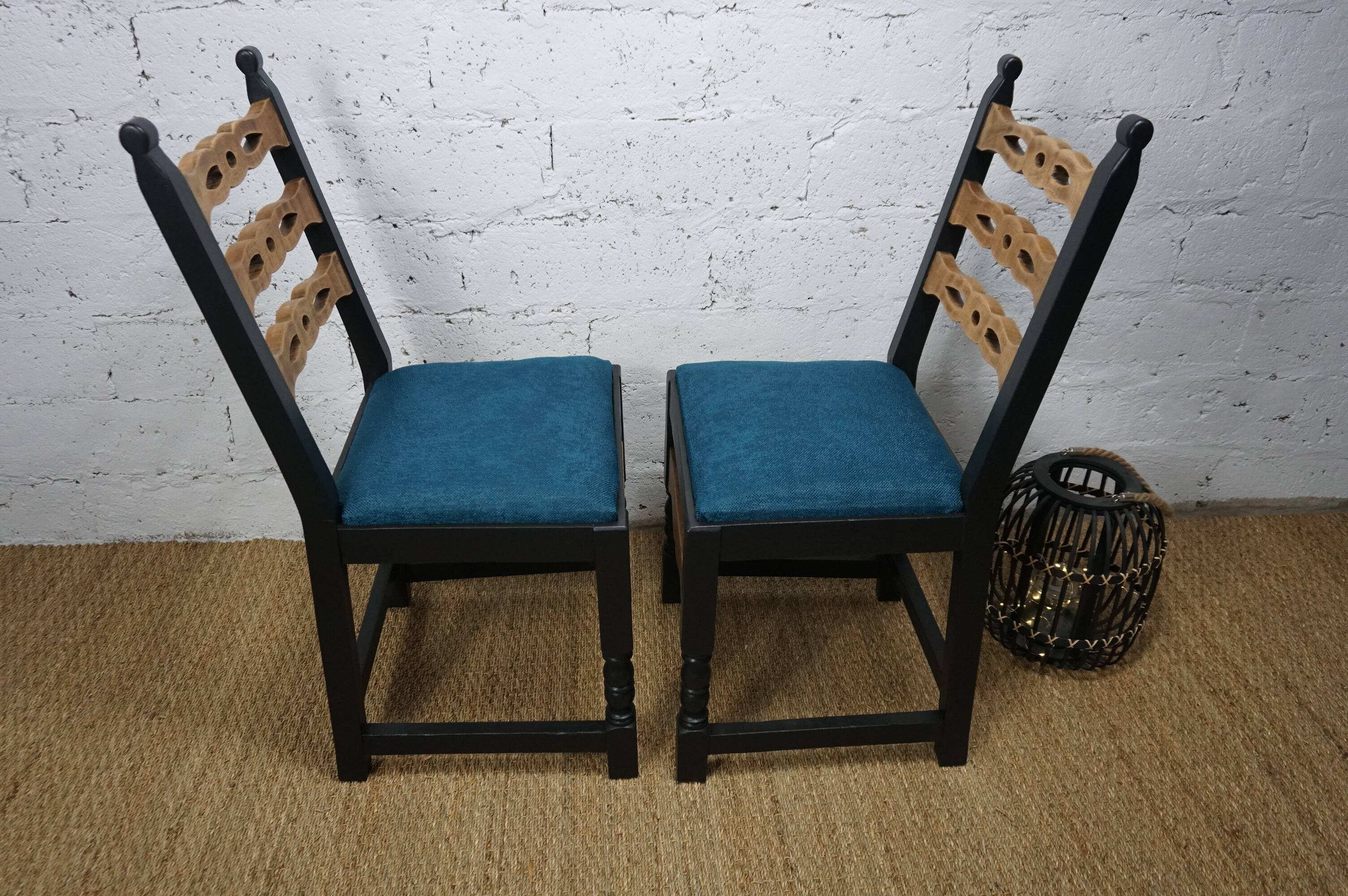 Pair of brutalist wooden chairs revamped in black, duck green fabric seat