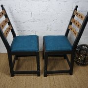 Pair of brutalist wooden chairs revamped in black, duck green fabric seat