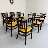 Lot de 8 anciennes chaises fauteuils de bistrot en bois et simili jaune 80’