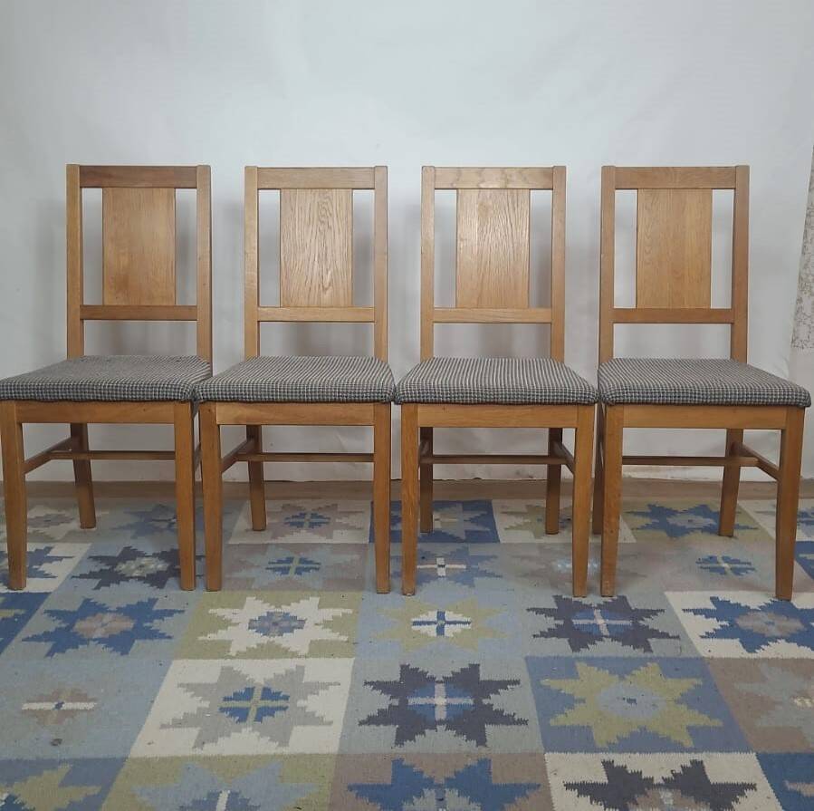 4 brutalist chairs in oak and checkered fabric, Denmark, 1960s