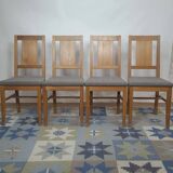 4 brutalist chairs in oak and checkered fabric, Denmark, 1960s