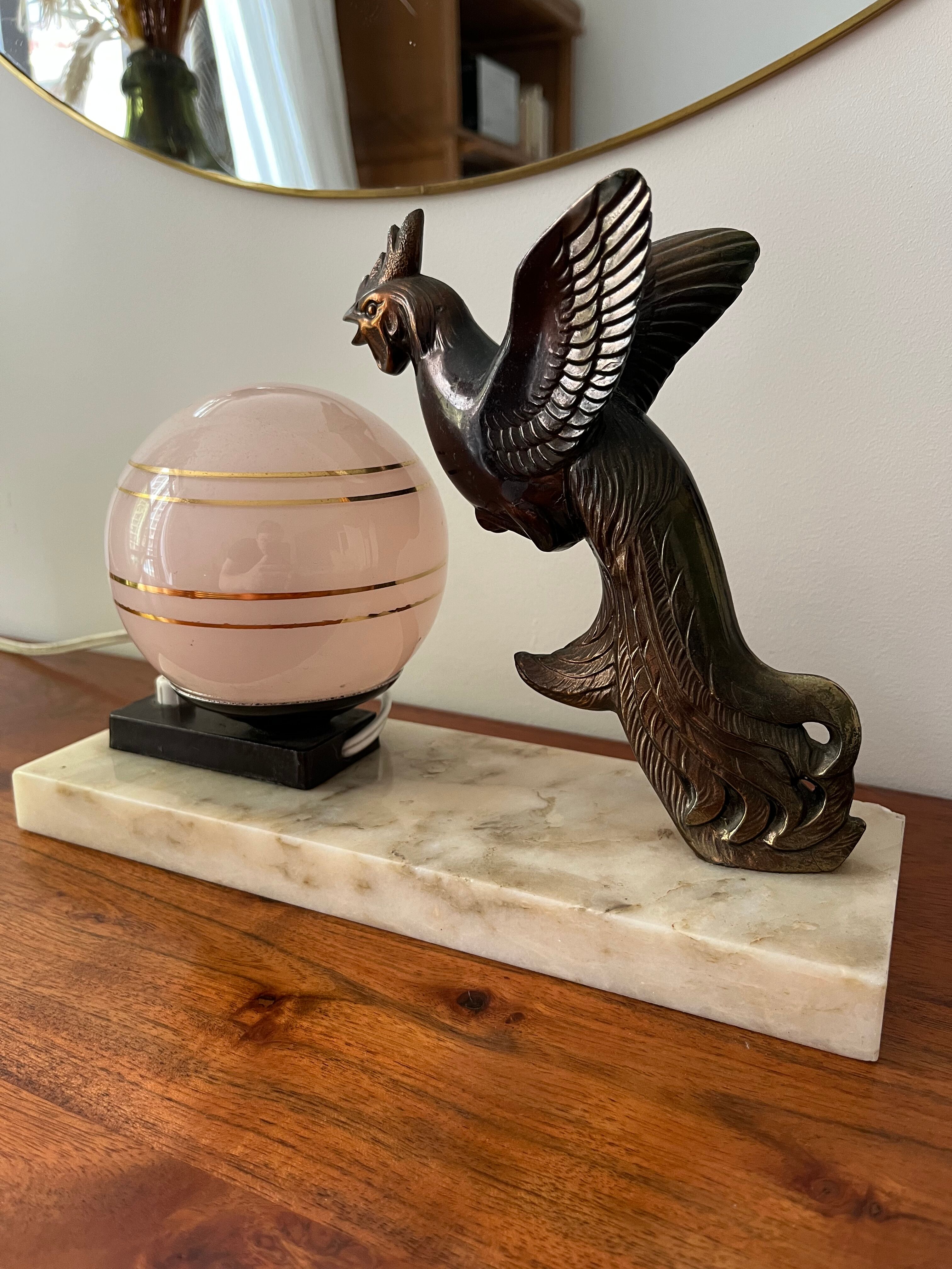 Art Deco lamp marble bird and pink opaline 1930s/40s