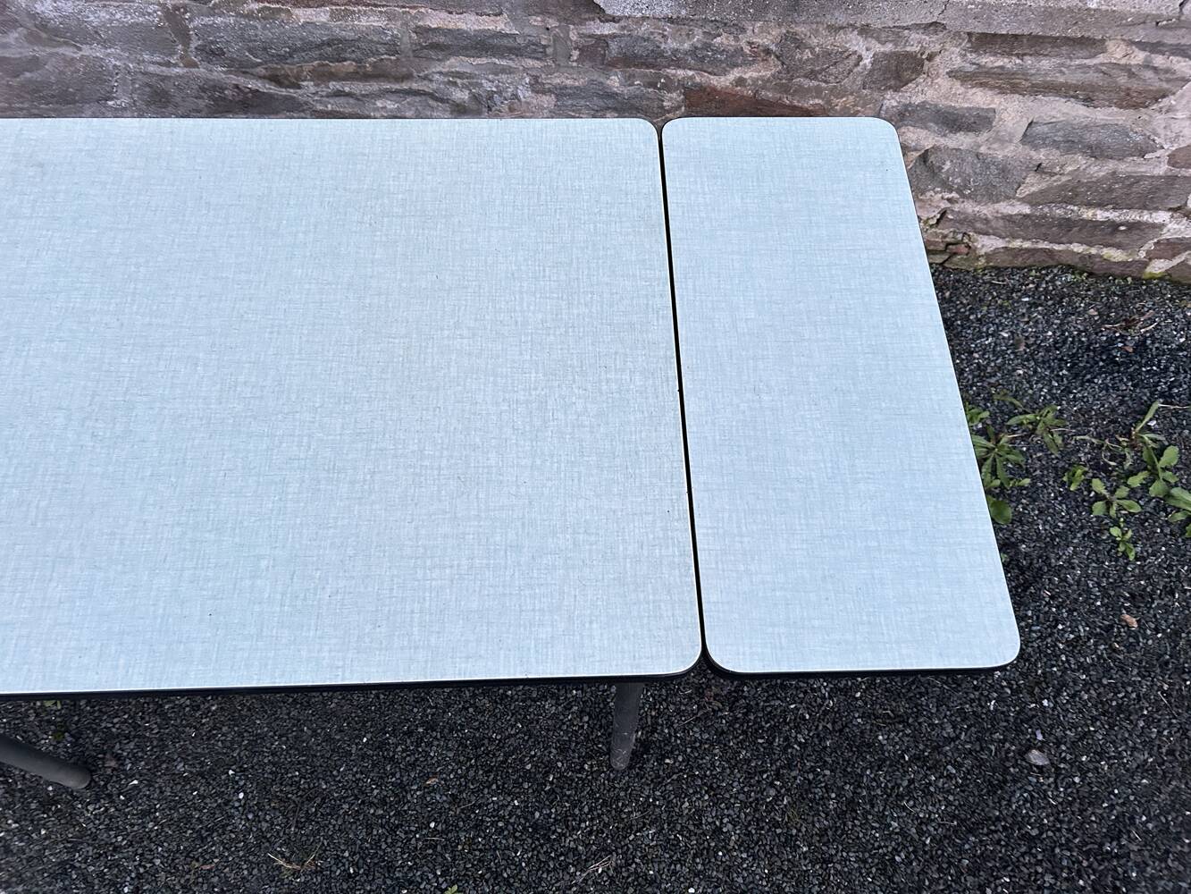 JPP pale green formica table, 4 chairs, 1 stool, 1950s