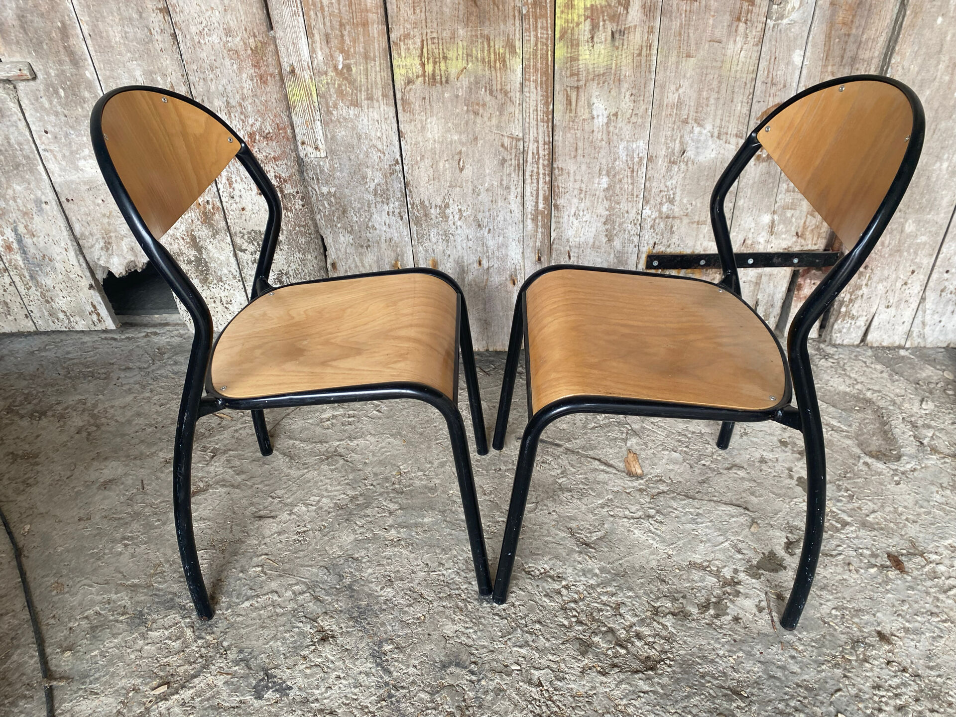 Paire Chaise Ancienne Écolier Style MULLCA Métal Noir + Bois Vintage #