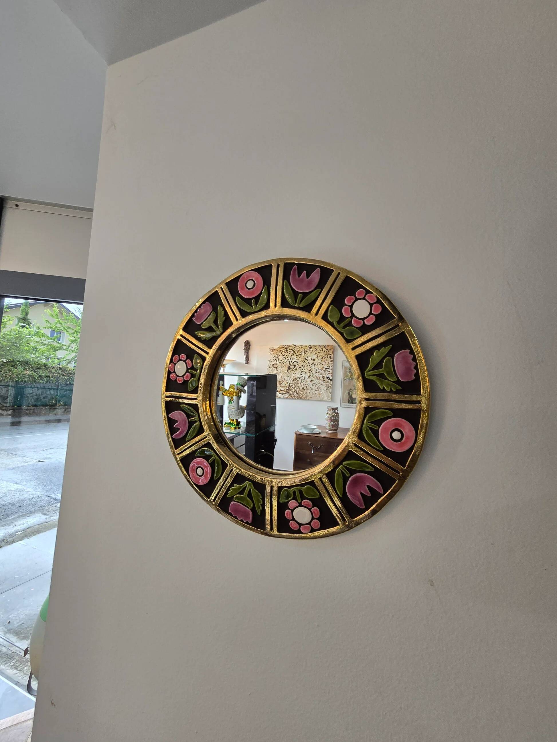 Mithé Espelt - glazed ceramic mirror. Floral decoration, 1960s.