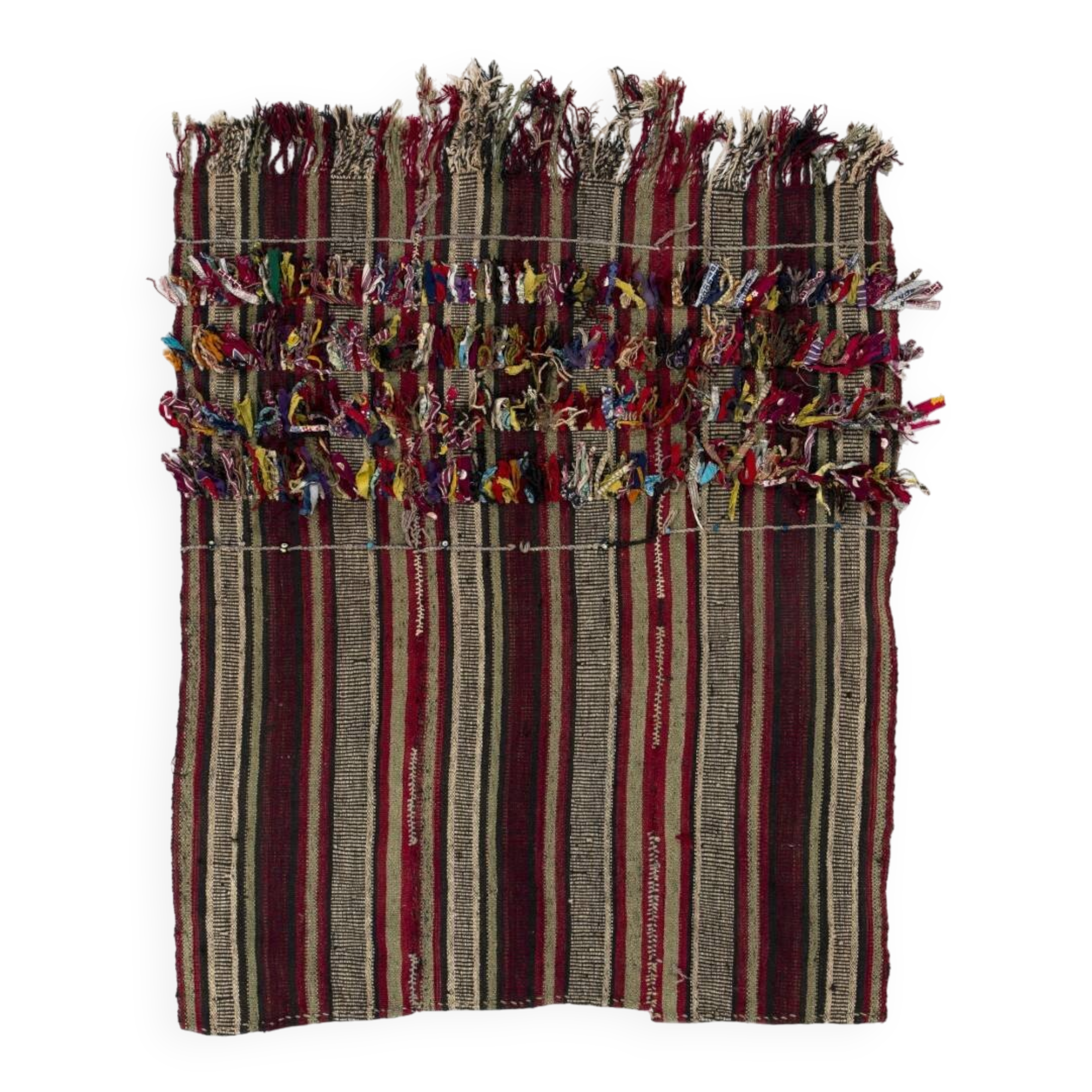 Vintage Tribal Turkish Kilim Rug with Colorful Pom Poms, Folk Art Wall Hanging