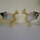 Wall lamps, opaque corolla and iridescent ochre lampshade, brass and wood support