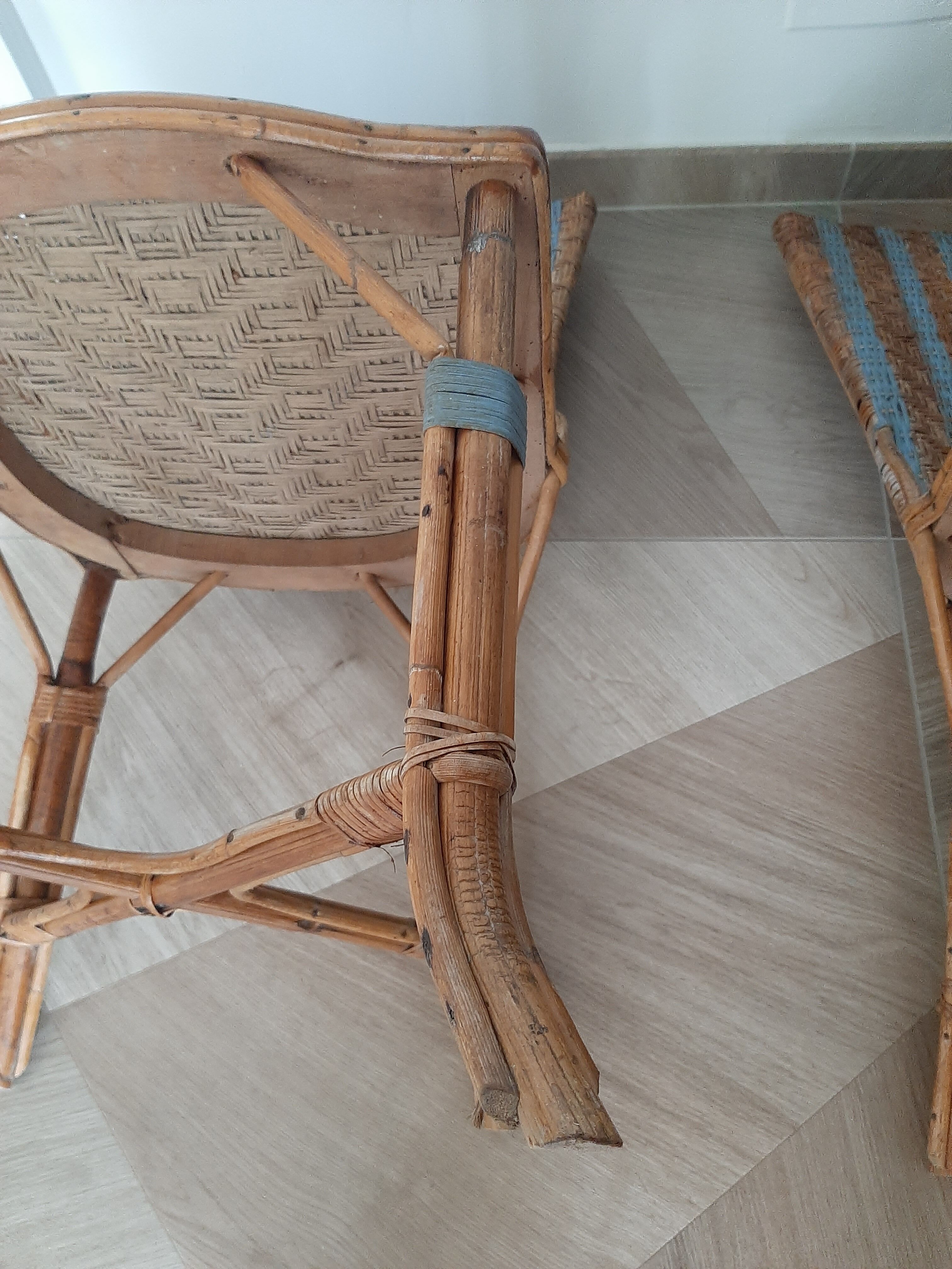 2 woven rattan garden chairs – sky blue net patterns – 1940s