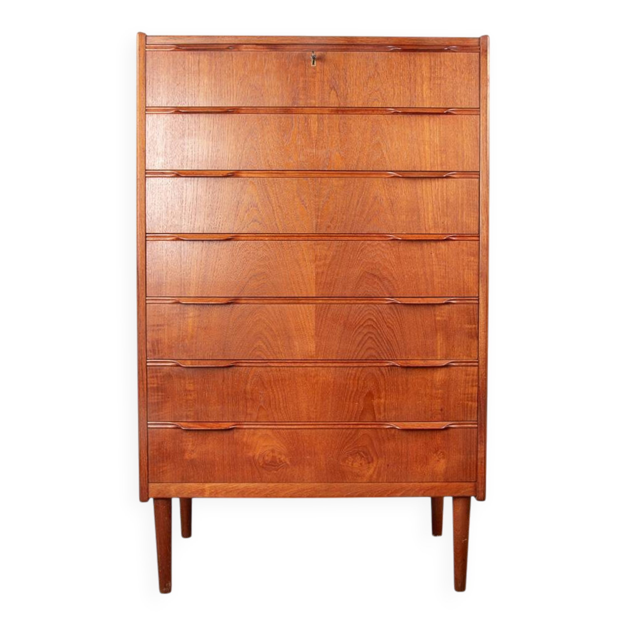 Large Danish chest of drawers, tallboy, 7 teak drawers by Henning Jørgesen.