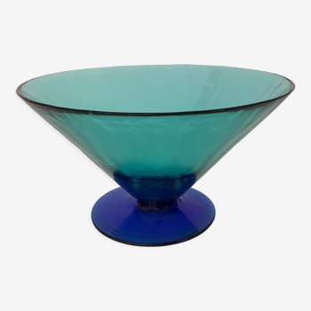 Glass fruit cup on foot, green and blue