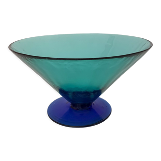 Glass fruit cup on foot, green and blue