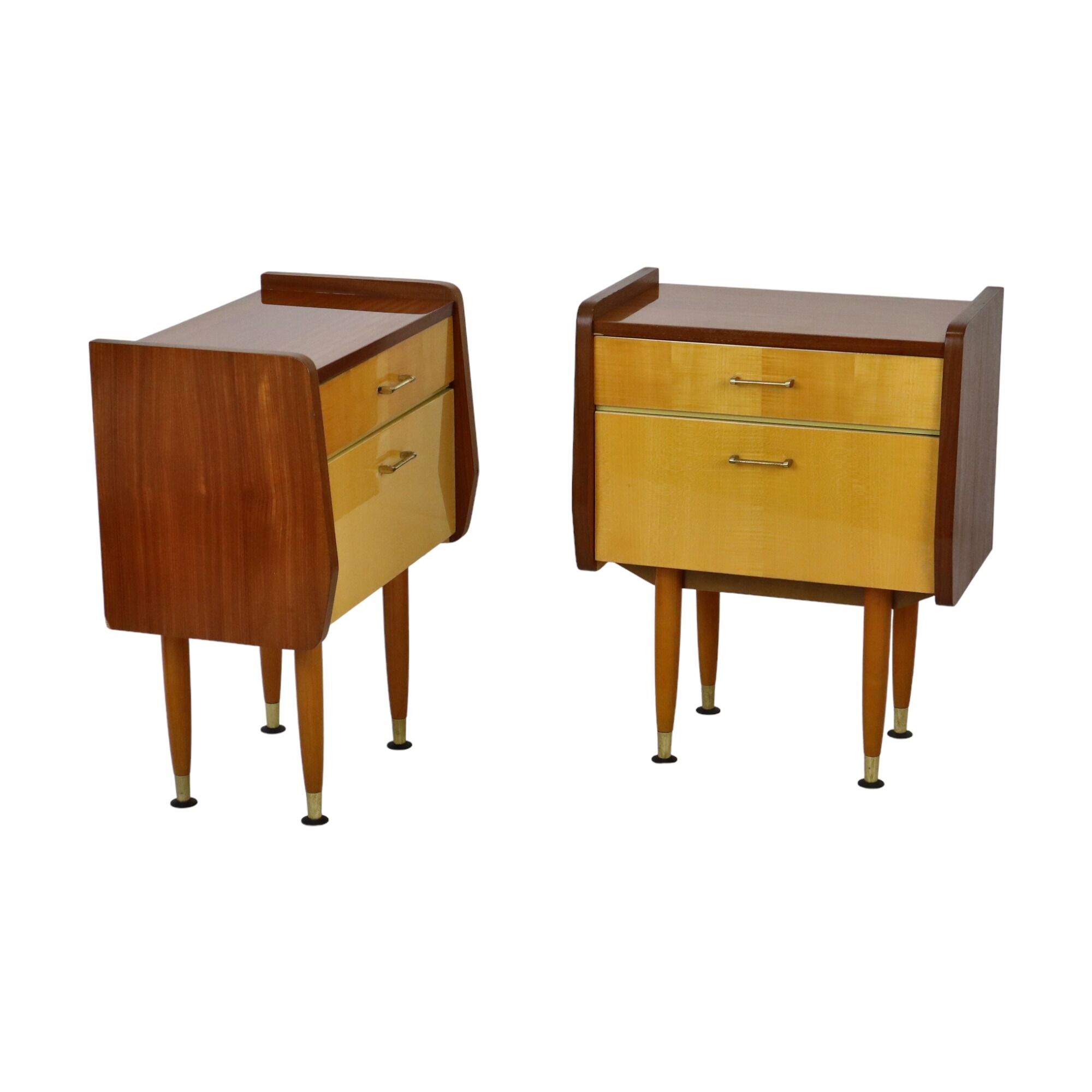 Pair of vintage wooden bedside tables brass handles 60s design