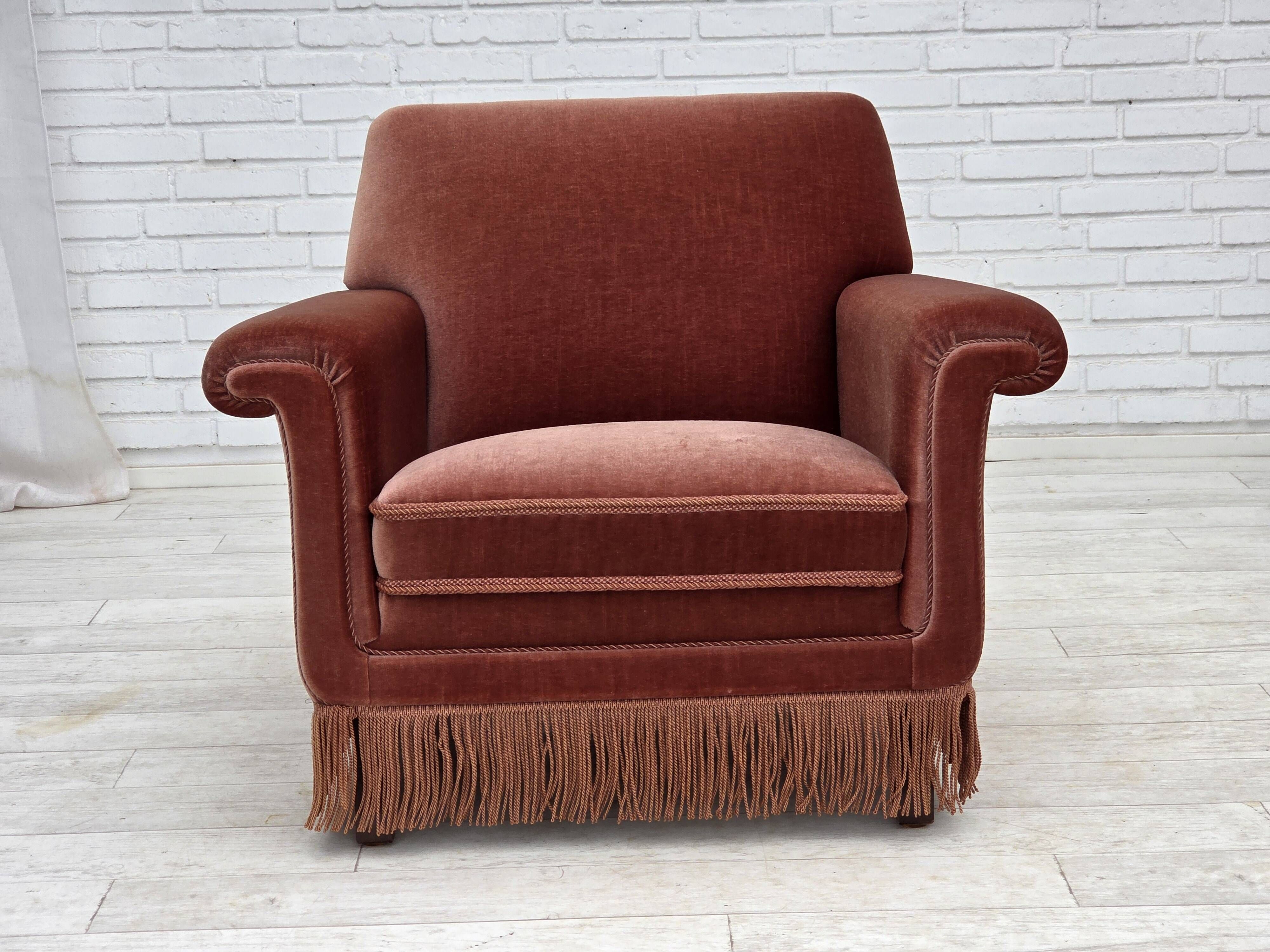 1970s, Danish armchair, salmon pink furniture velour, beech wood.