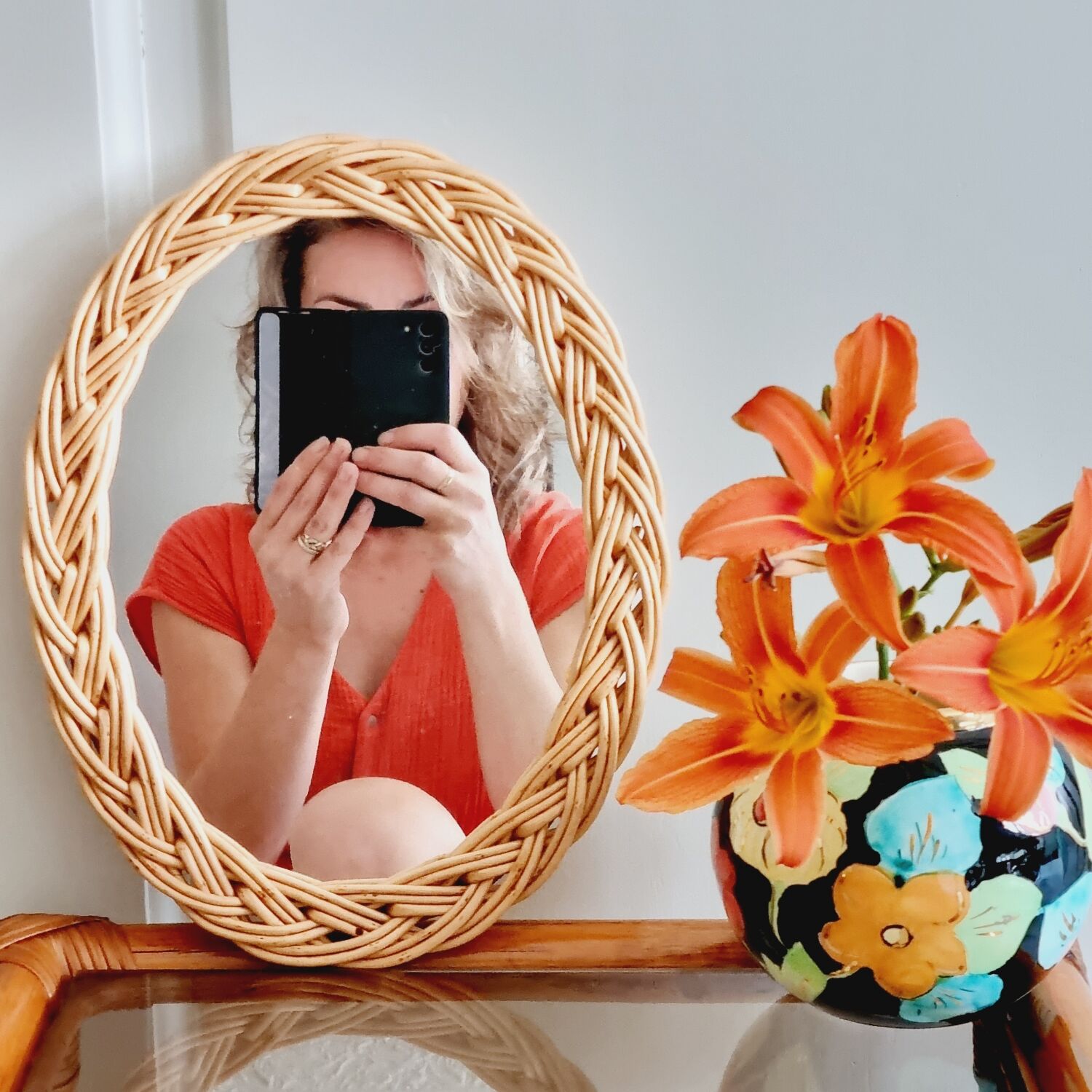Oval rattan mirror from the 60s