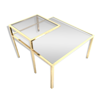 Square brass coffee table with a glass shelf and a mirrored top, italy 1980s