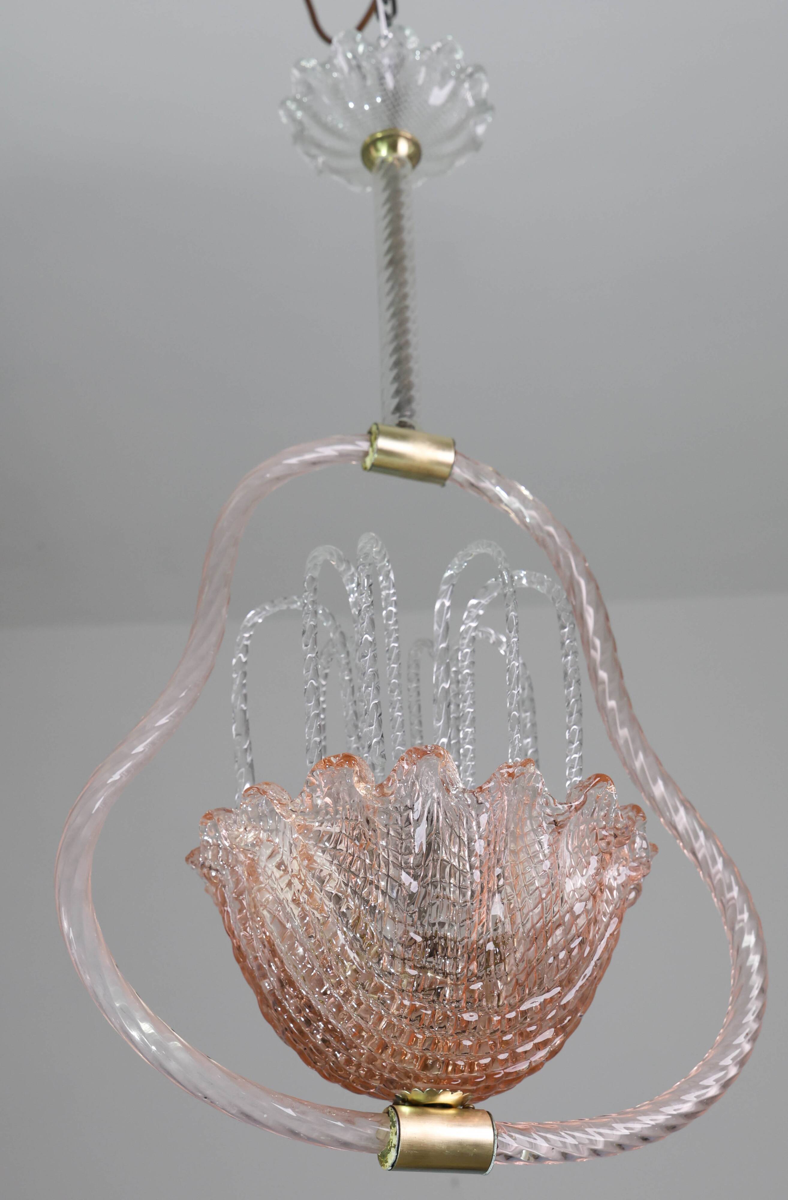 Charming Pink and Transparent Murano Glass Chandelier by Barovier e Toso, 1950s