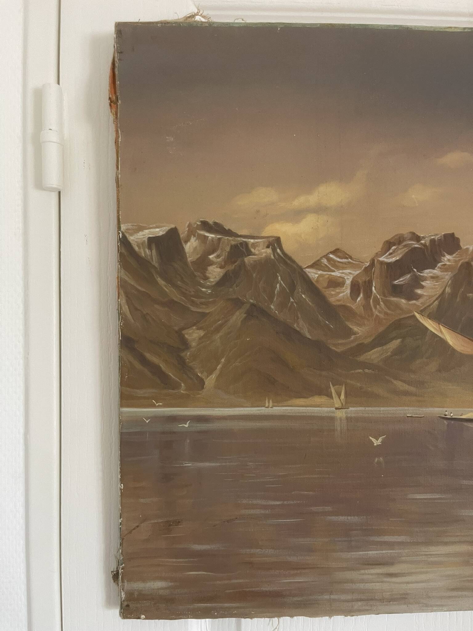Tableau Peinture Huile Toile Paysage Montagne Lac Suisse Signé Veillon