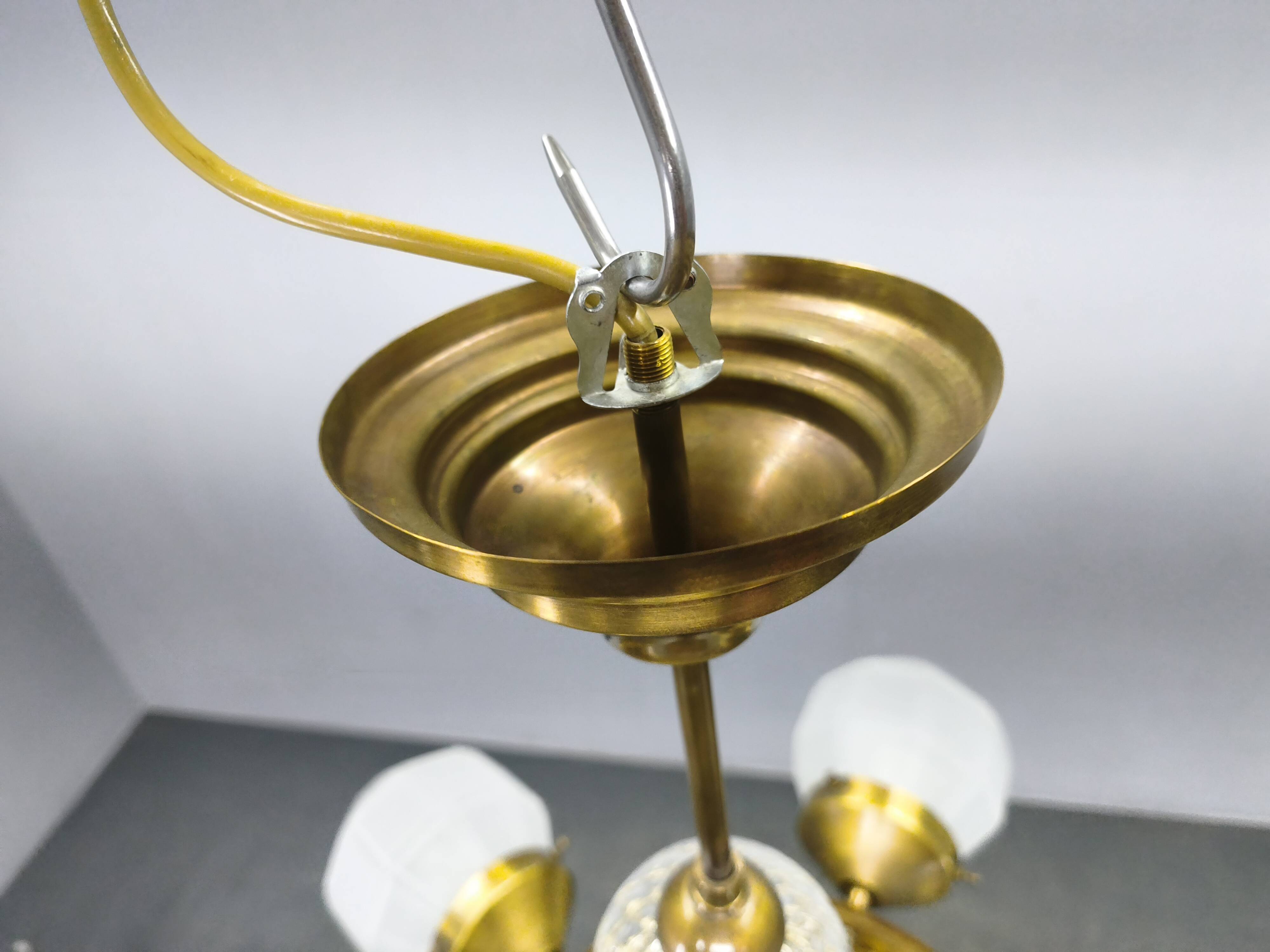 Czech Art Deco Brass and Glass Chandelier, 1950s