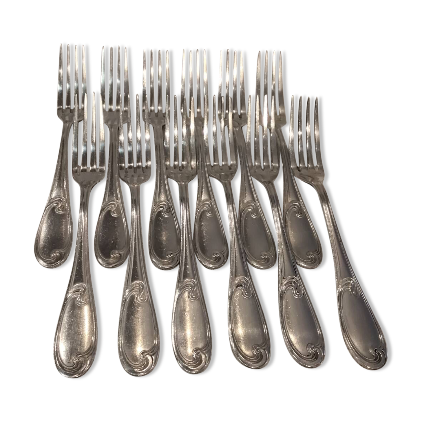 12 silver-plated metal table forks by Ercuis silversmiths, Mousseline pattern