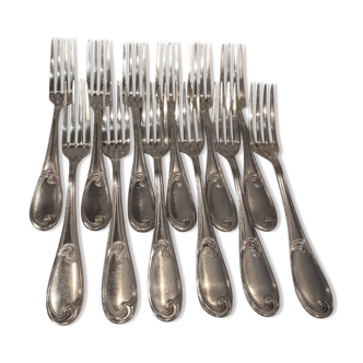 12 silver-plated metal table forks by Ercuis silversmiths, Mousseline pattern