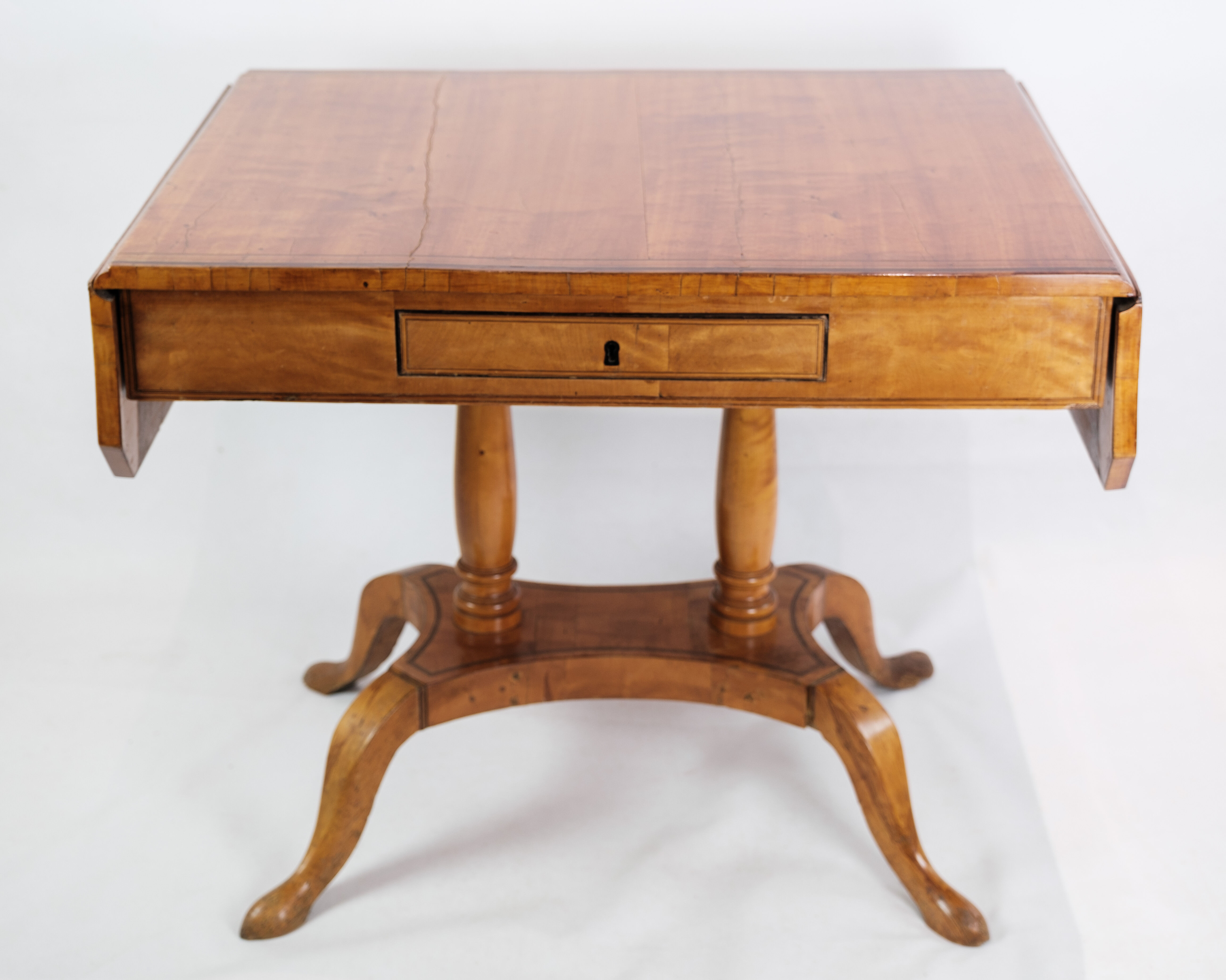Antique Empire Table with Flaps and Marquetry in Birch Wood from 1840s