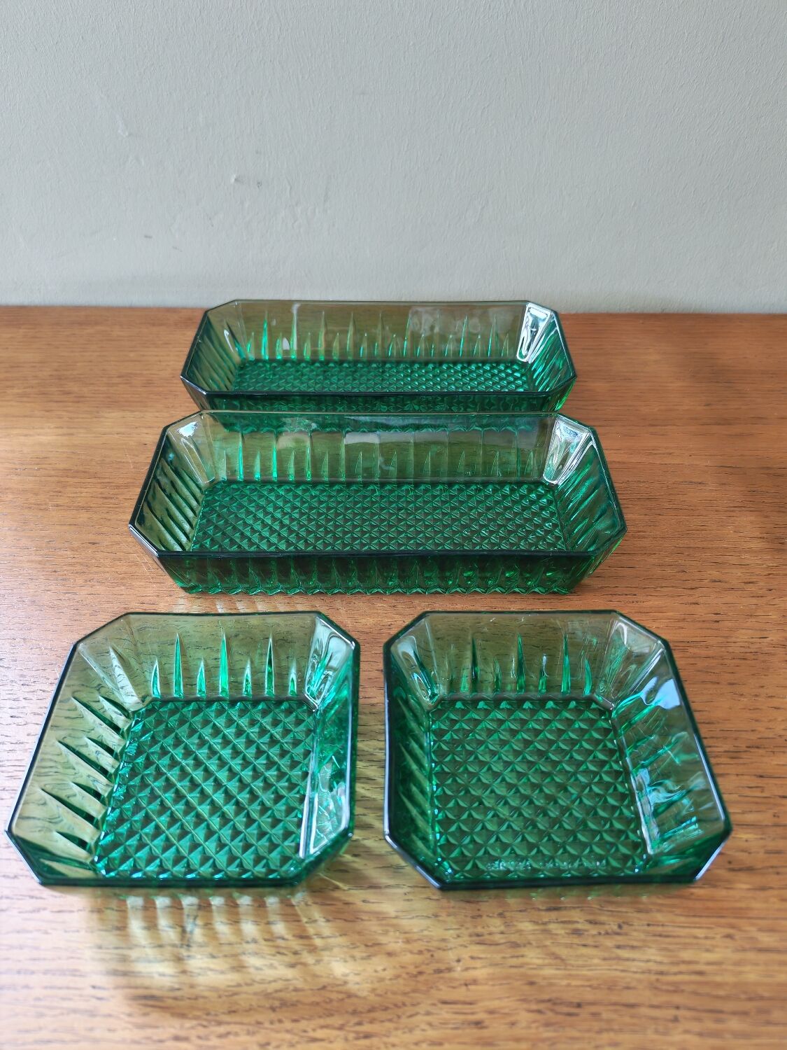 Set of 4 vintage green glass dishes