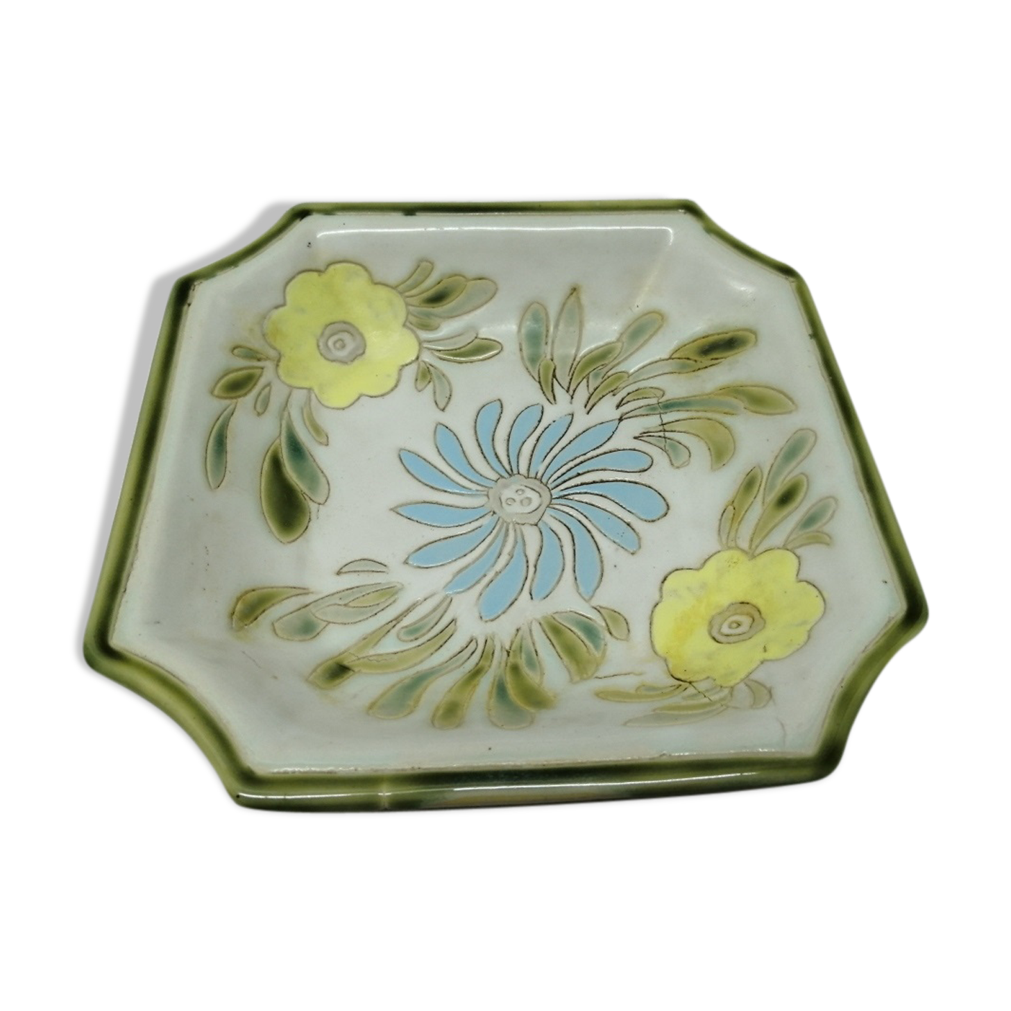 Ceramic dish décor Blue yellow flowers