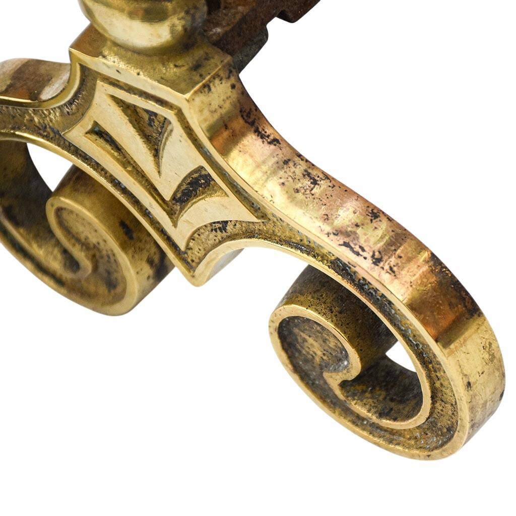 Gilded bronze andirons with rounded ball and patterns, antique fireplace accessory