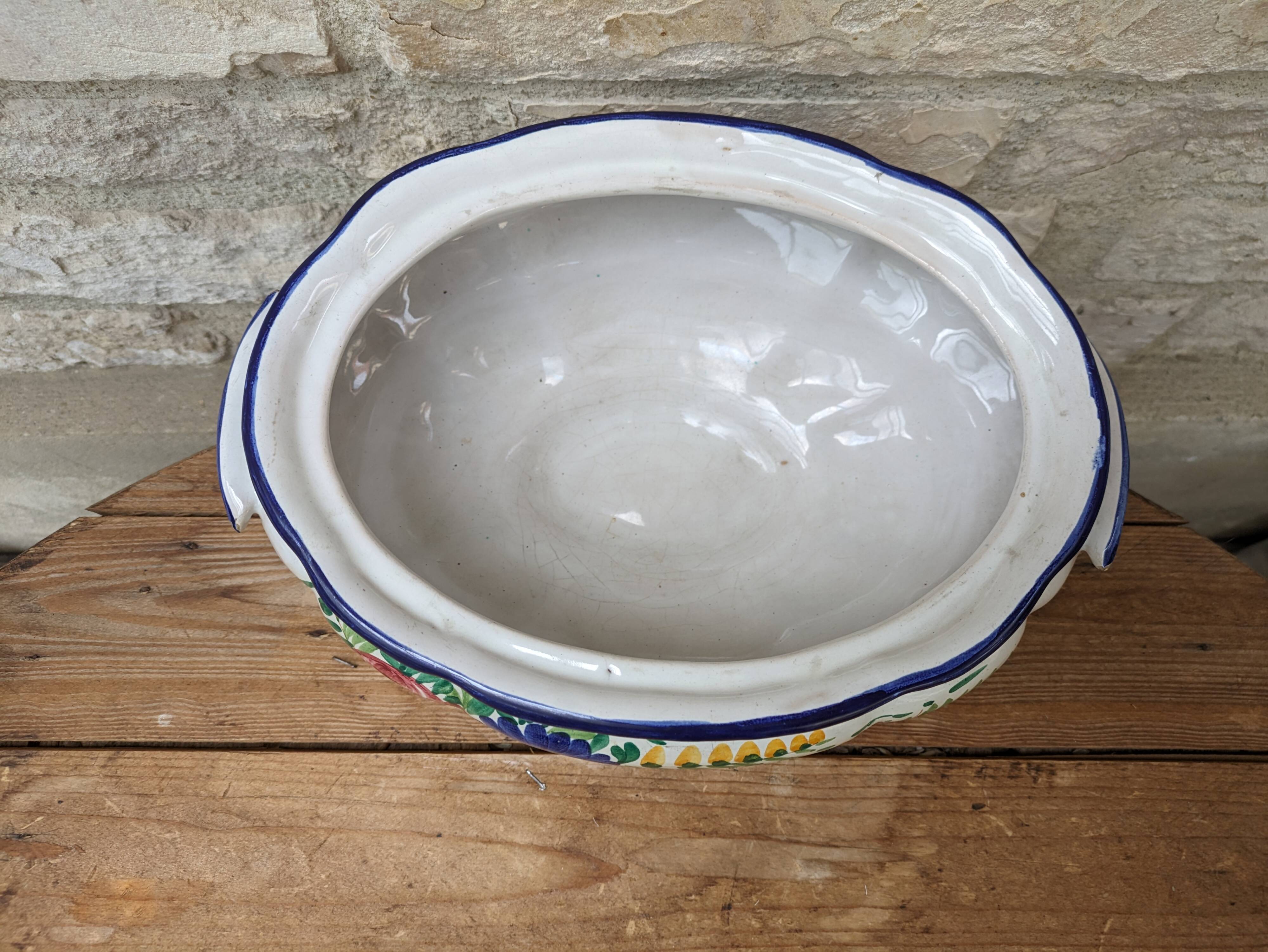 Old serving dish, vegetable dish, soup tureen without lid, flower decoration