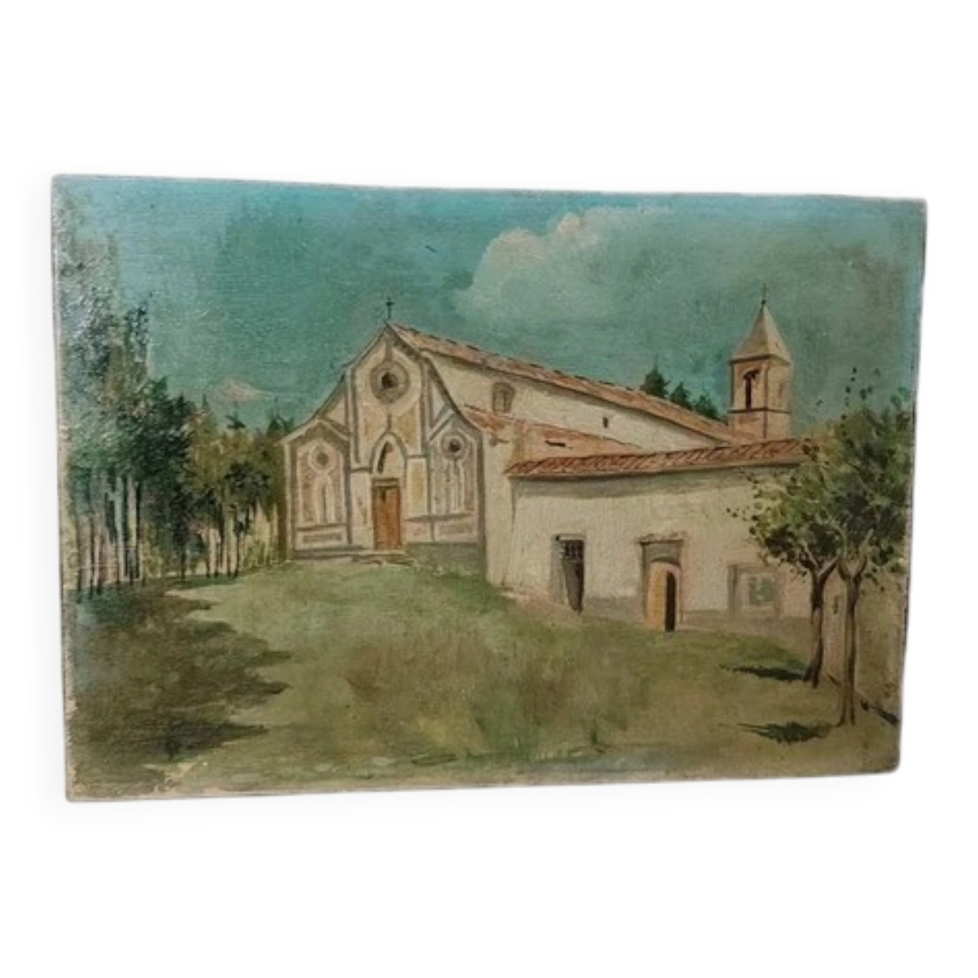 Oil painting fortunato giulio faini 1869-1952 basilica montefiesole