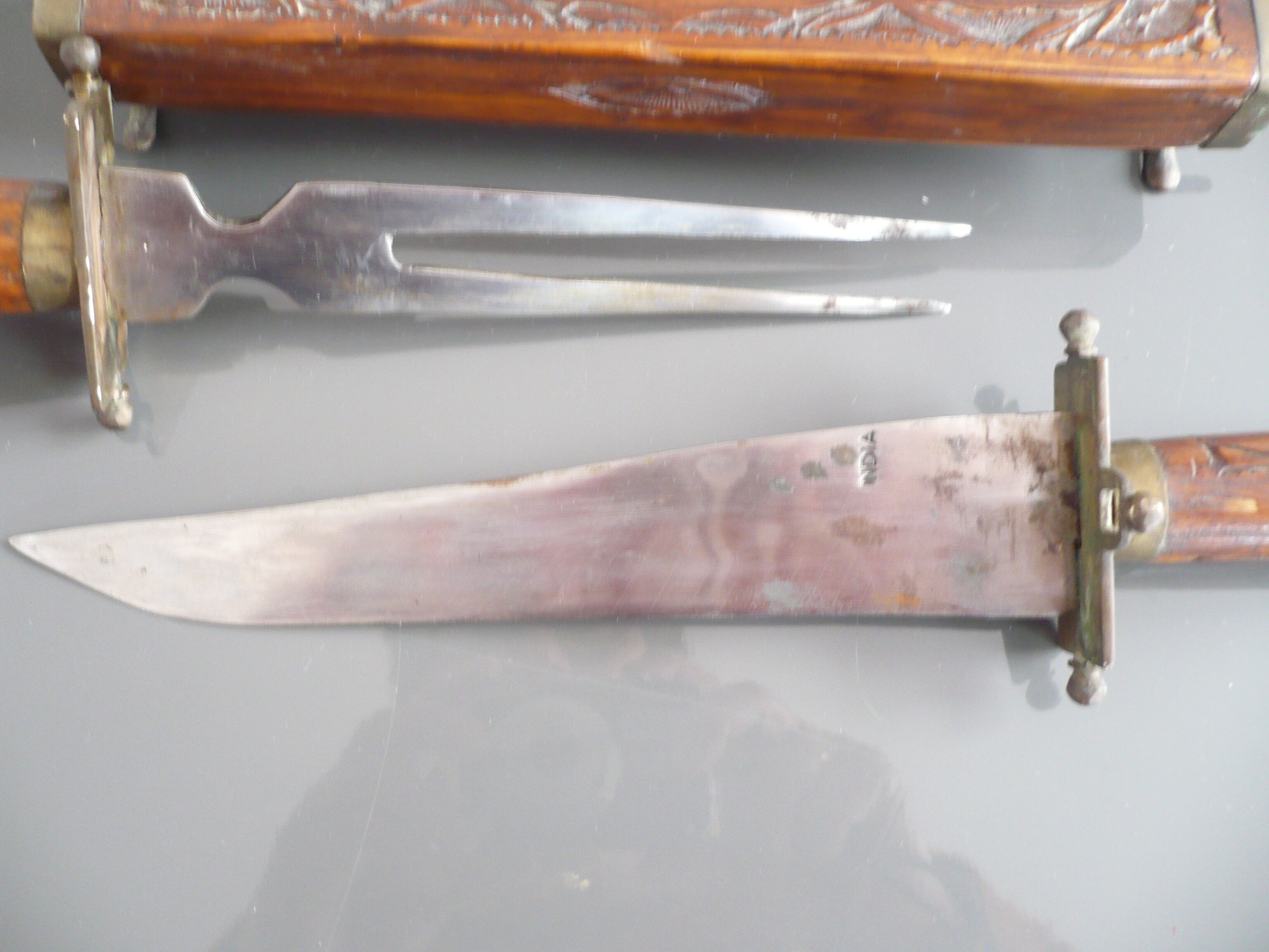 Carved kitchen knife and fork from India