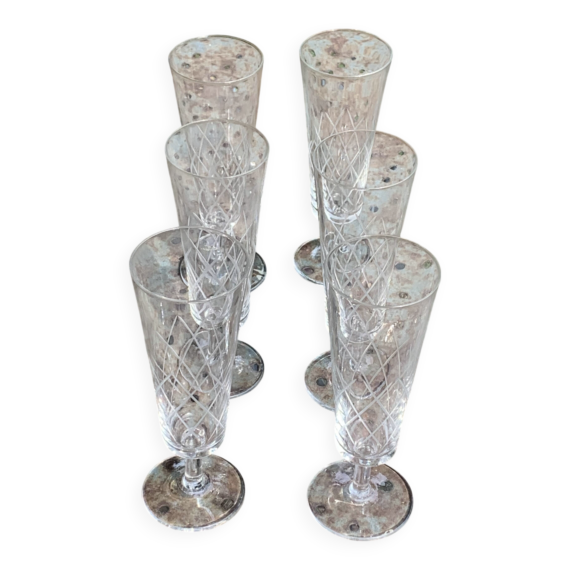 6 vintage clear chiseled crystal and glass champagne flutes