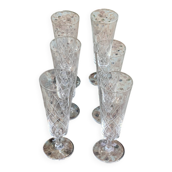 6 flûtes à champagne en verre et cristal ciselé transparent vintage