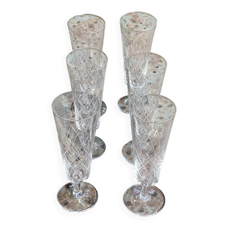 6 flûtes à champagne en verre et cristal ciselé transparent vintage