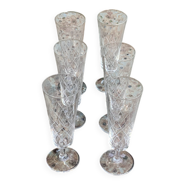 6 vintage transparent glass and cut crystal champagne flutes